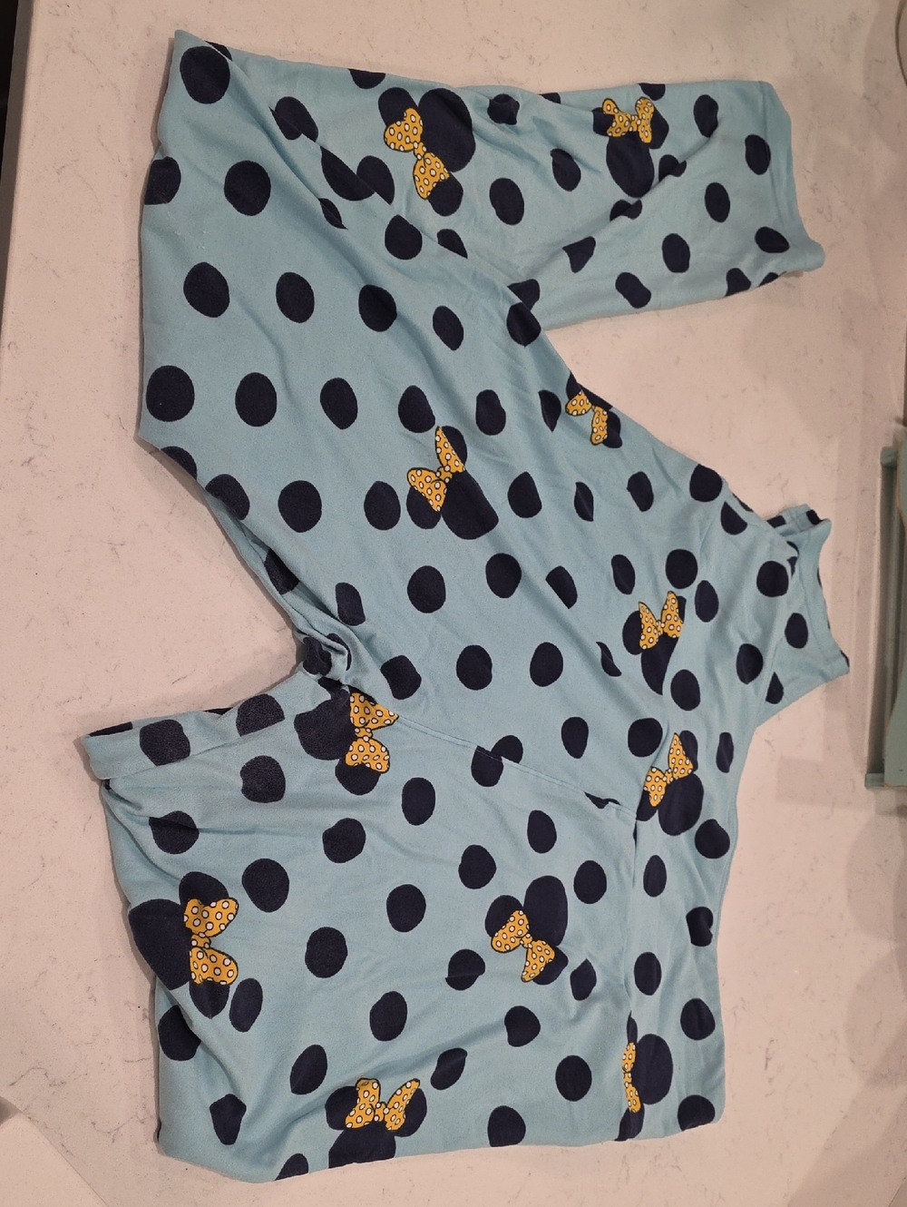 LuLaRoe Light Blue Leggings with Navy Polka Dots and Yellow Bow Print